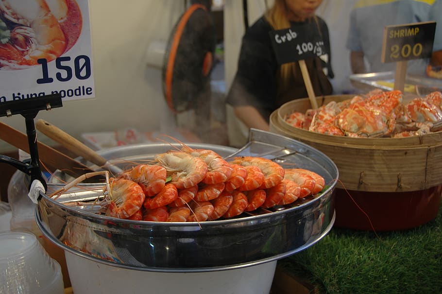 shrimp, food and drink, freshness, market, for sale, text, incidental people HD wallpaper