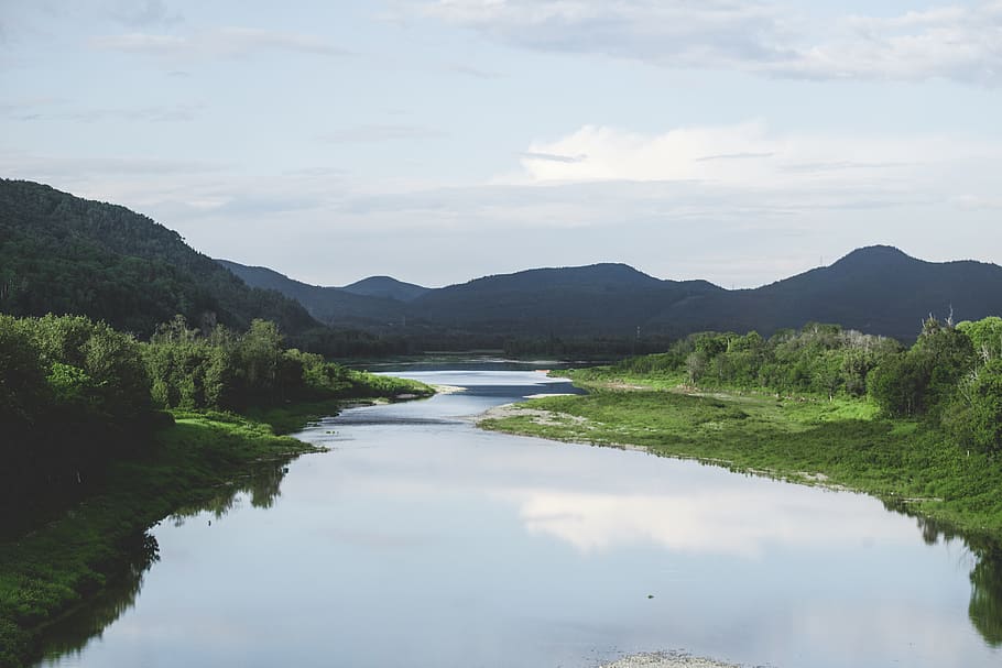 canada, trees, lake, forest, mountains, lost, water, tranquil scene HD wallpaper