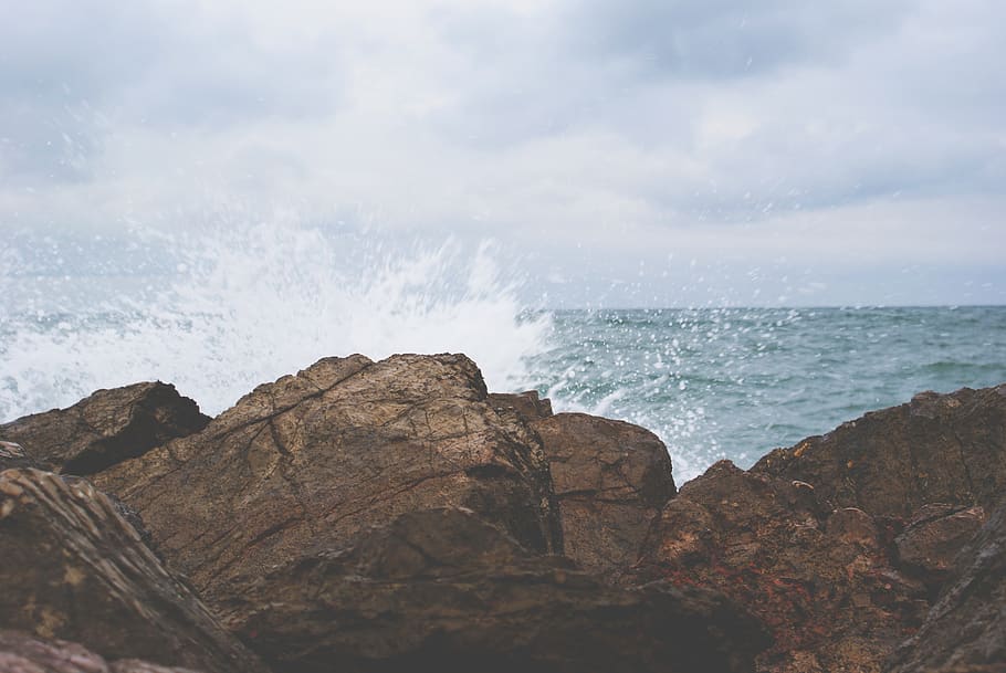 rocks, boulders, waves, ocean, sea, water, splash, rock - object HD wallpaper