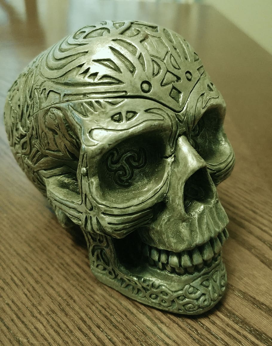 Gray Ceramic Skull Figurine, antique, art, close-up, creepy, decor, HD wallpaper