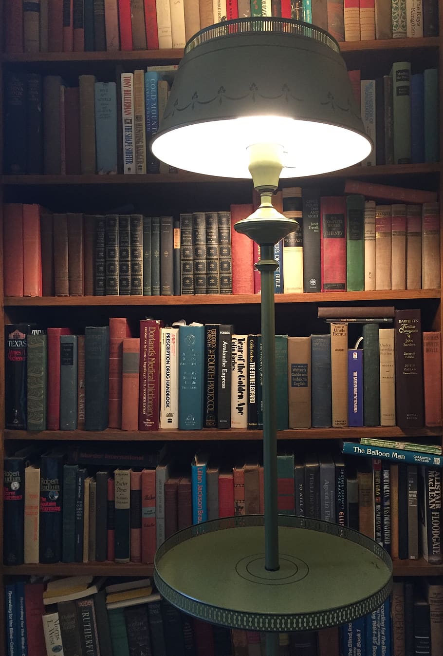 books, lamp, light, vintage, book case, wood, publication, shelf, HD wallpaper