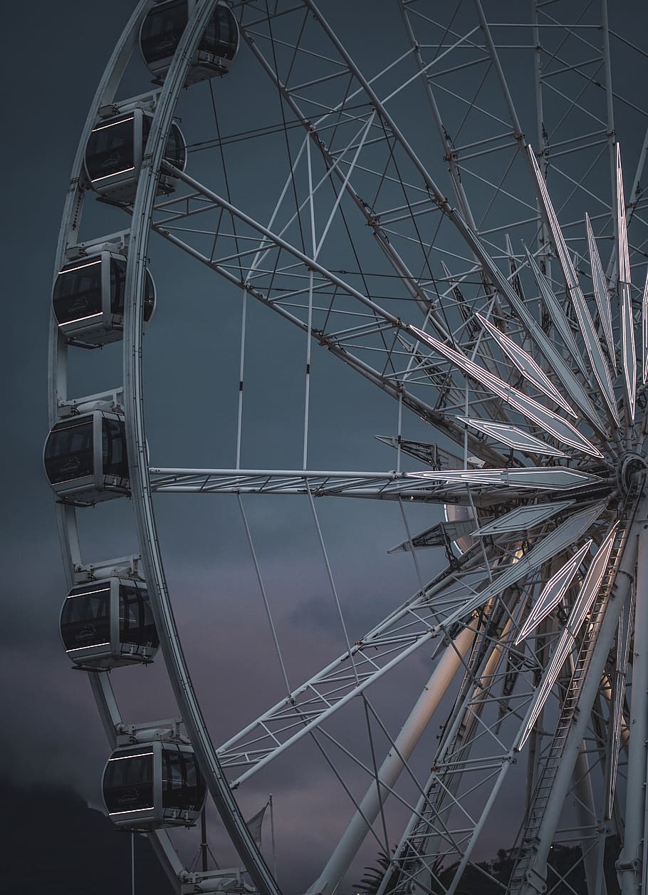 gray Ferris wheel, ride, light, waterfront, amusement park, fun, HD wallpaper