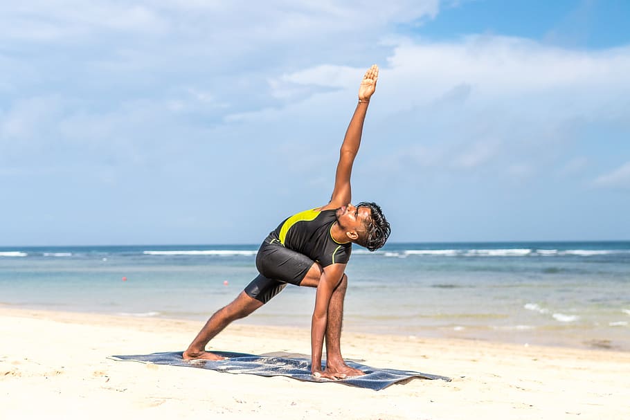 Man Doing Yoga Pose on Blue Mat Beside Seashore, adult, asanas