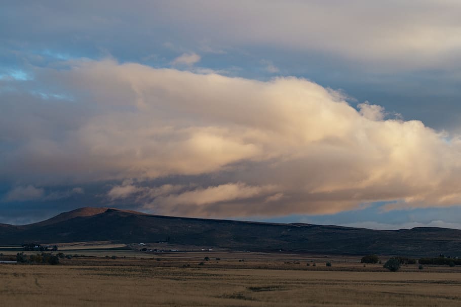 gray mountain under white clouds, field, sky, united states, la grande HD wallpaper