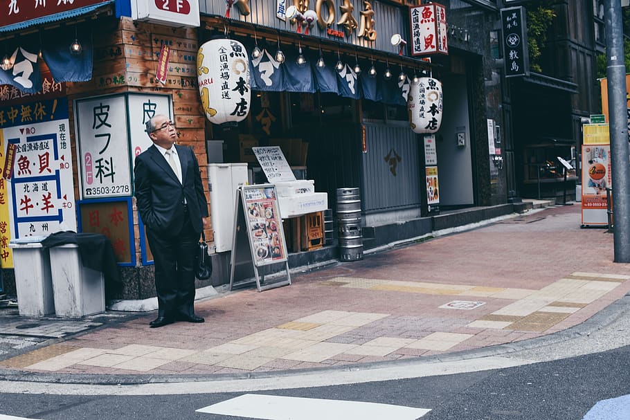 man standing near store, tarmac, asphalt, road, zebra crossing HD wallpaper