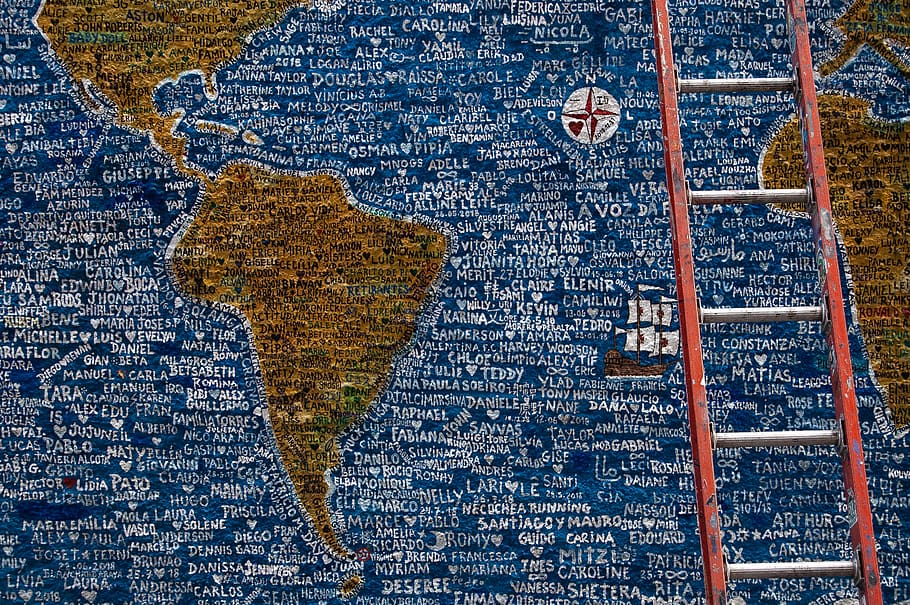 red ladder on world map, text, no people, communication, indoors HD wallpaper