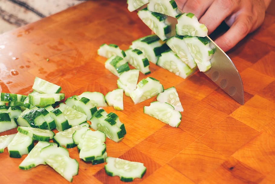 Person Slicing Cucumber Vegetable, appetizer, chef, chopped, close-up HD wallpaper