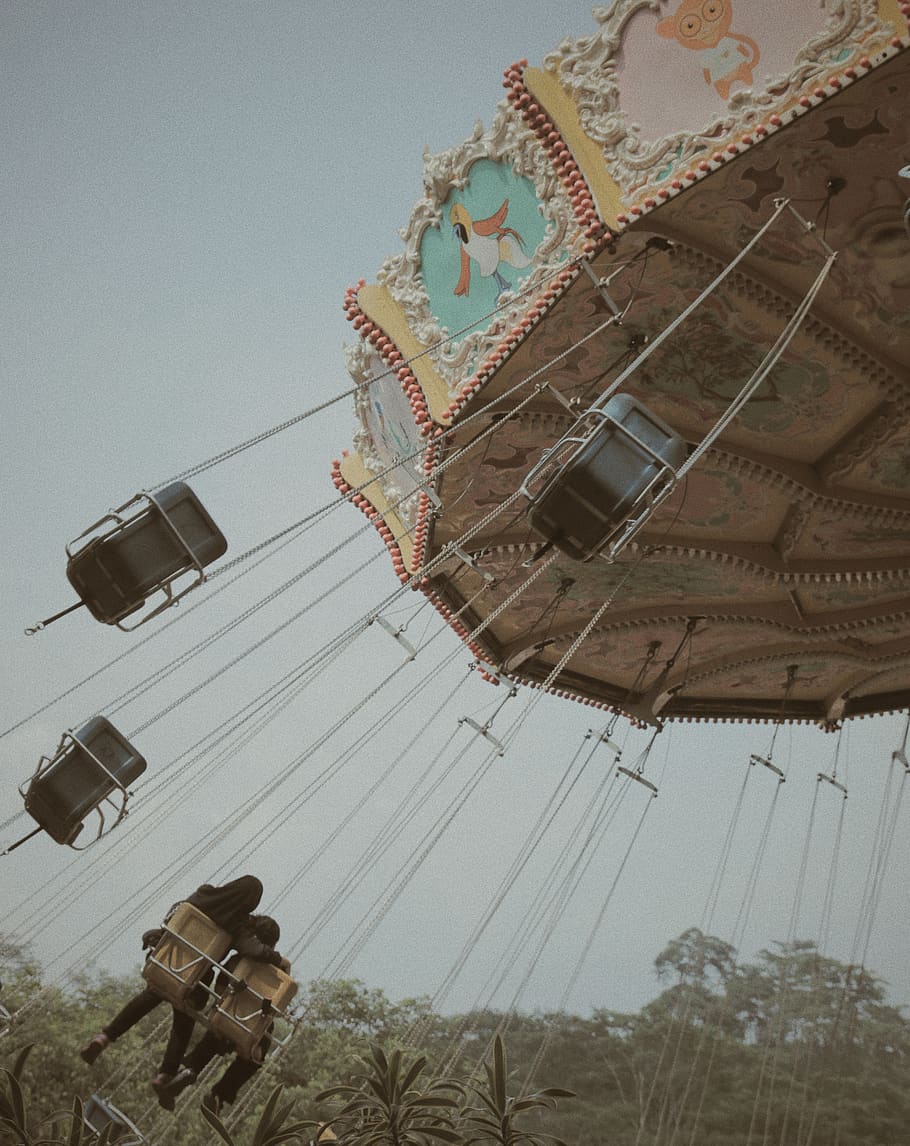 brown swing, amusement park ride, low angle view, arts culture and entertainment HD wallpaper