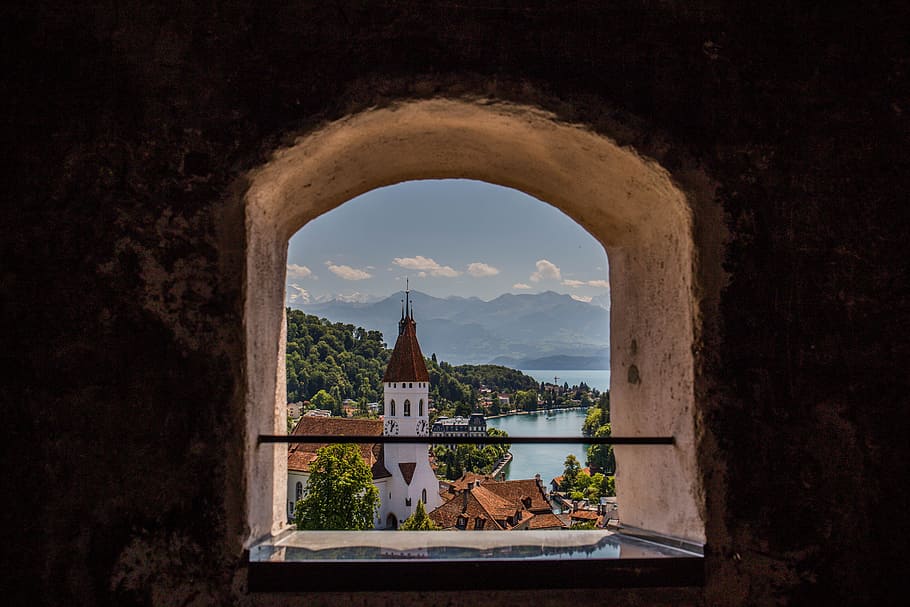 white and red tower beside houses, window, view, lake, castle HD wallpaper