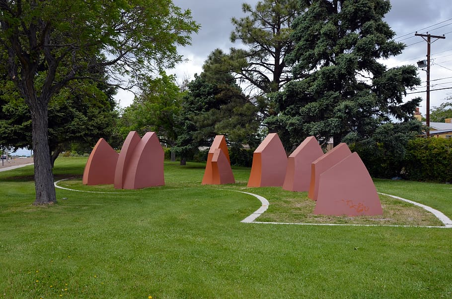 sculpture, melon, orange, abstract, shapes, park, public art
