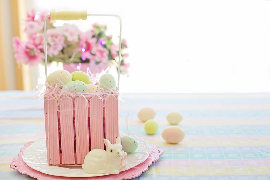 easter, eggs, bunny, pastels, spring, colorful, basket, text space HD wallpaper
