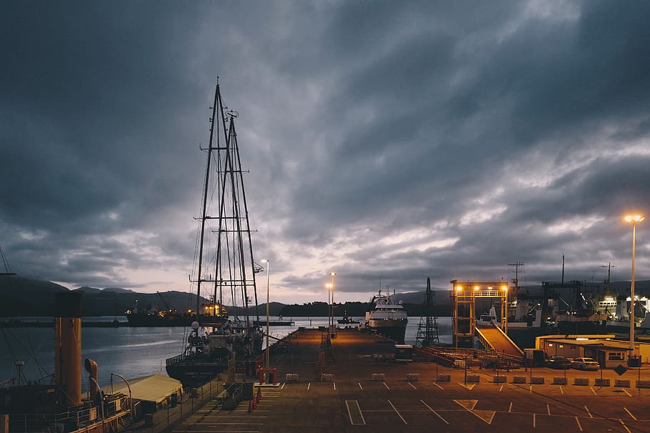 dock under gray sky and white clouds, water, transportation, vehicle HD wallpaper