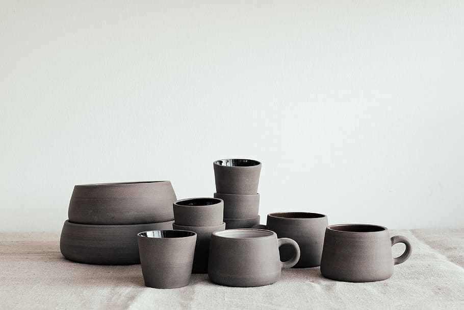 handmade pottery set, ancient, art, artist, background, bowl