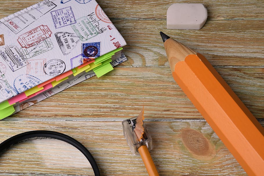 pencil, notebook, office, desk, table, wood - material, high angle view HD wallpaper