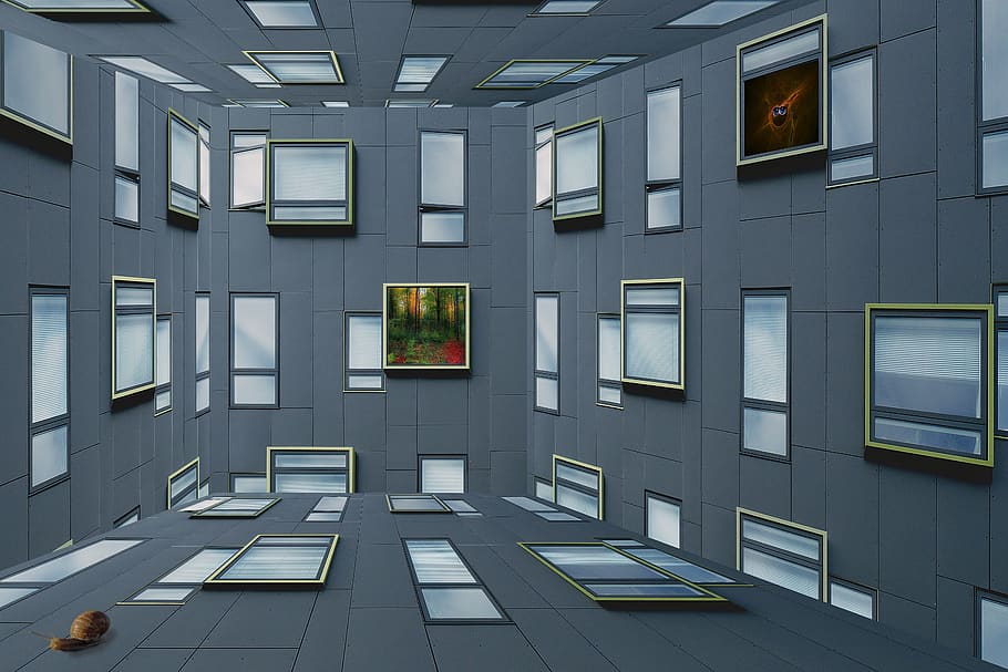 space, abstract, fantasy, perspective, facade, window, surreal HD wallpaper