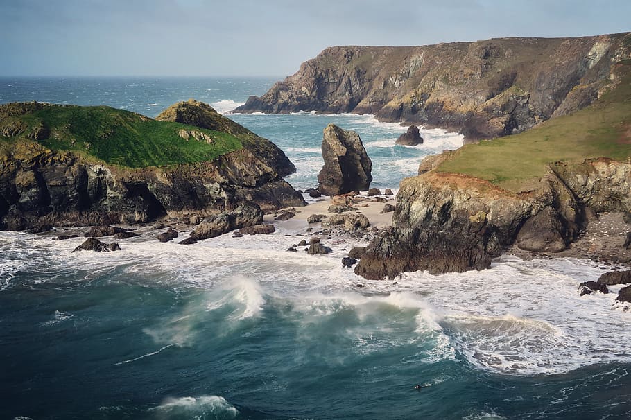 cliff, rocks, hill, sea, blue, water, waves, green, grass, landscape HD wallpaper