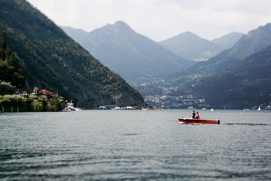 italy, lake iseo, boat, mountains, nautical vessel, transportation, HD wallpaper