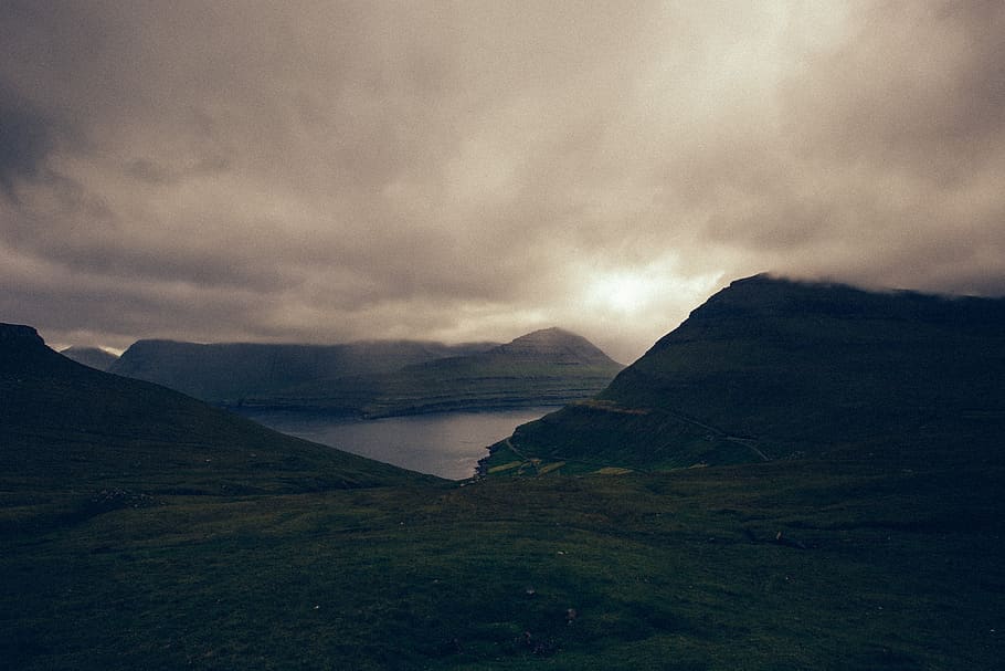 landscape, mountains, sunset, clouds, hills, sky, faroe islands HD wallpaper