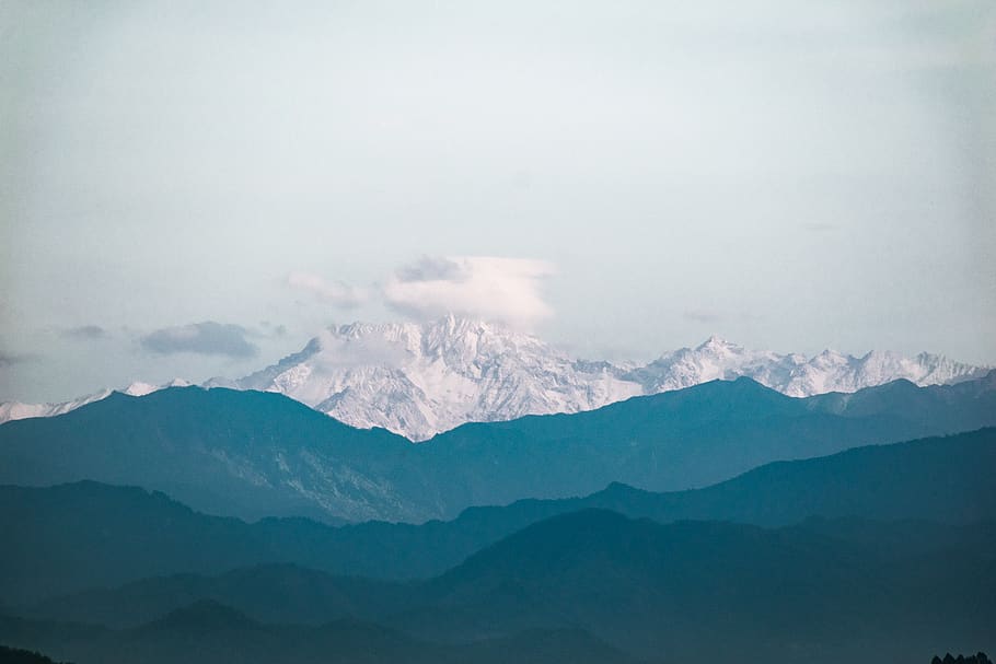 grey mountain under white sky, beauty in nature, mountain range HD wallpaper