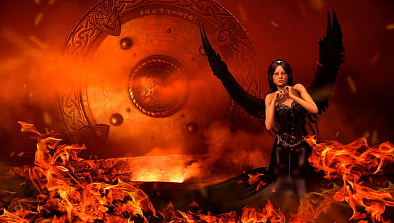 fantasy, fire, angel, black, magic, mystical, atmosphere, smoke HD wallpaper