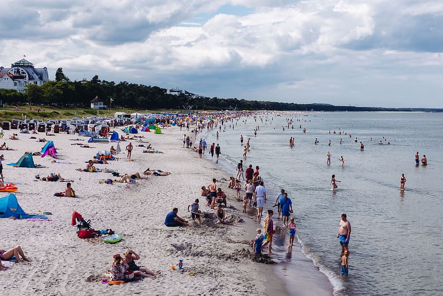 Crowded beach on Rugen island, Germany, accommodation, architecture