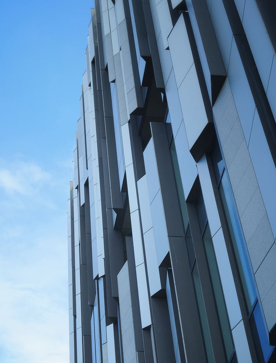 building, sharp, angles, geometry, modern, facade, front, blue HD wallpaper