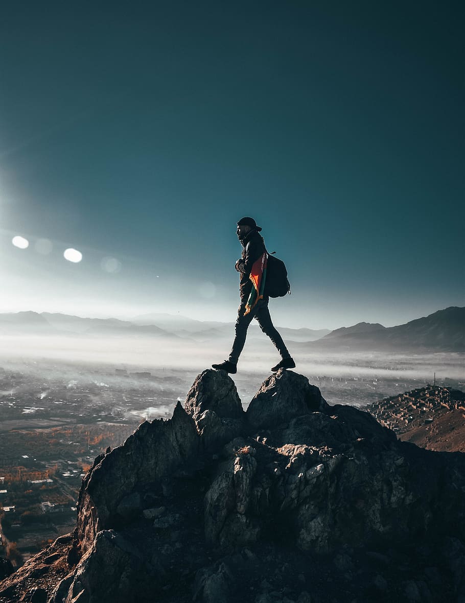 Person Standing on Top of Rock, adventure, backpacker, clear sky HD wallpaper