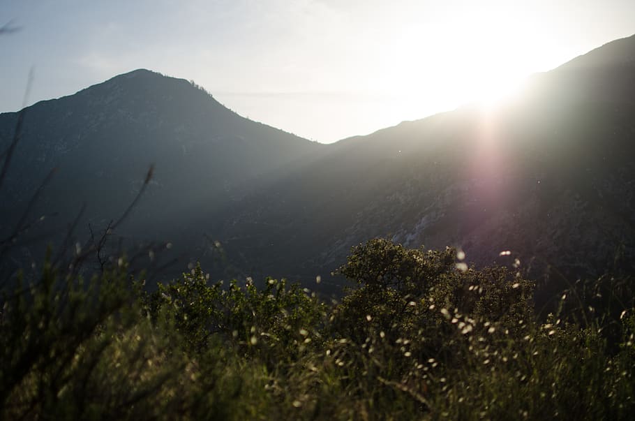 mountain, sunset, grass, haze, dark, sky, plant, sunlight, beauty in nature HD wallpaper