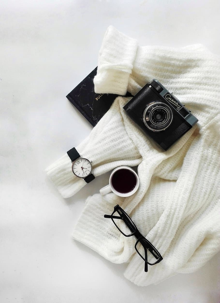 black and white, layout, clock, camera, diary, business, photographer, HD wallpaper