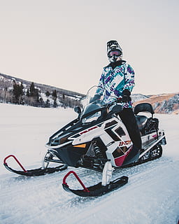 man riding white snowmobile, person, human, vehicle, motorcycle HD wallpaper