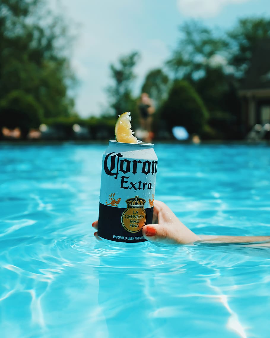 Corona extra beer can on swimming pool, drink, nashville, united states, HD wallpaper