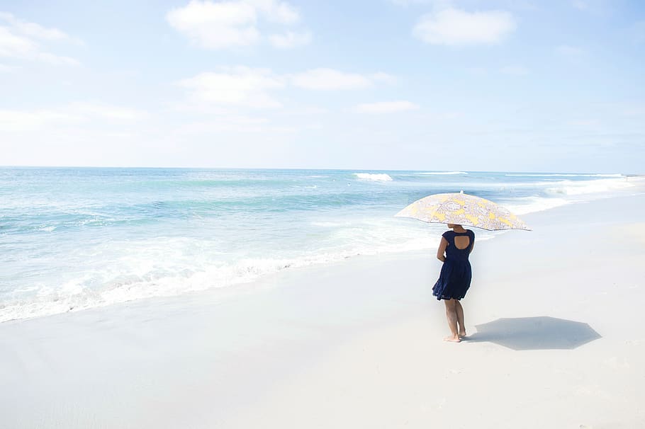 girl, ocean, sea, water, beach, sky, one person, horizon, land HD wallpaper