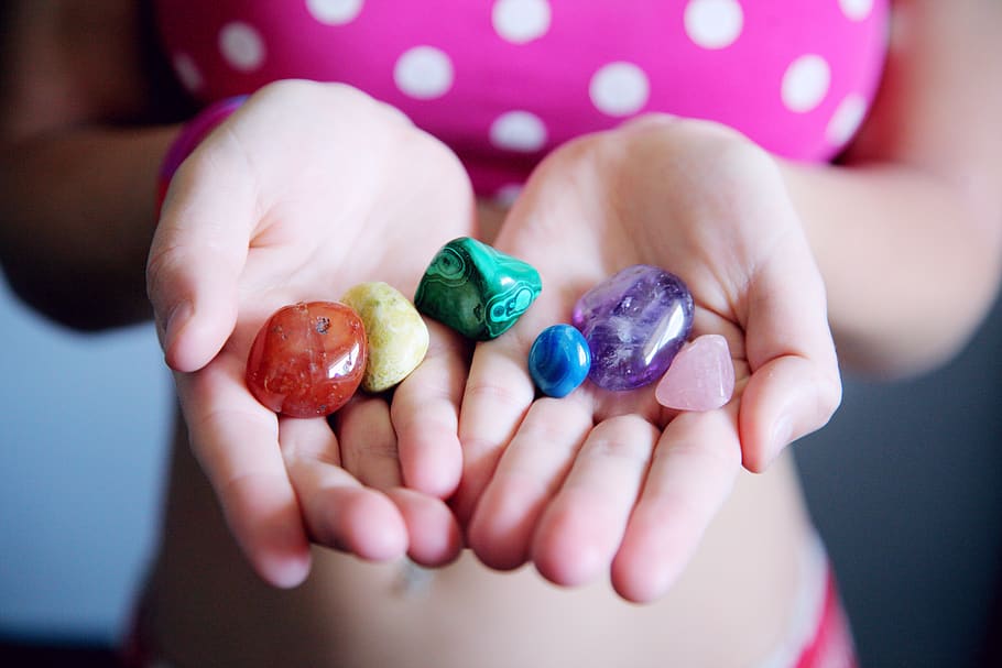 Woman Holding Six Polished Stones, amethyst, background, bright HD wallpaper