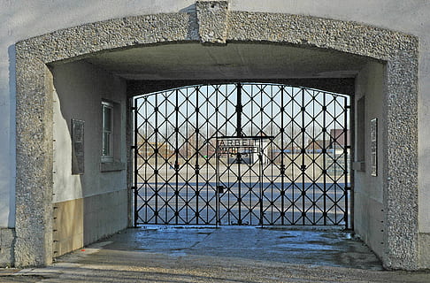 closed black metal gate, germany, dachau, dachau (preserved) concentration camp HD wallpaper