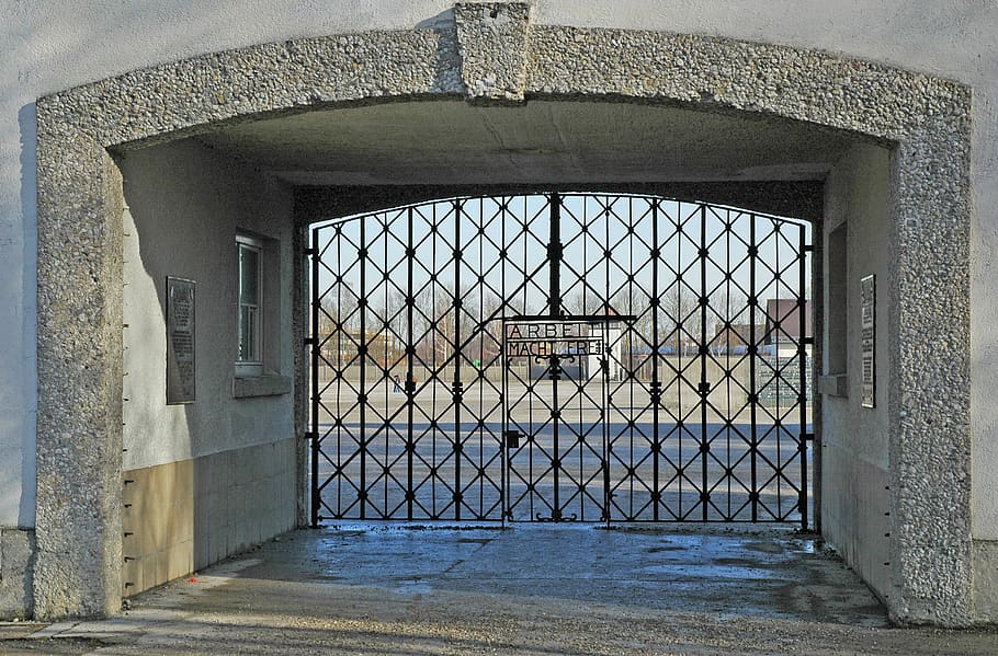closed black metal gate, germany, dachau, dachau (preserved) concentration camp, HD wallpaper