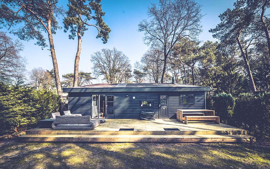 grey cabin, building, housing, house, furniture, bench, plant HD wallpaper