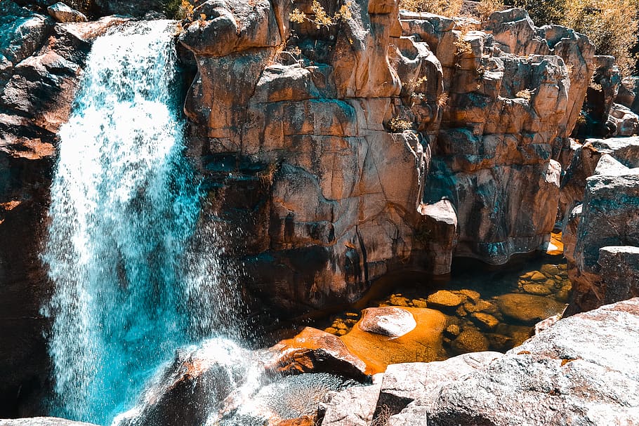 Brown Rock Formation With Waterfalls, beautiful, cascade, environment HD wallpaper