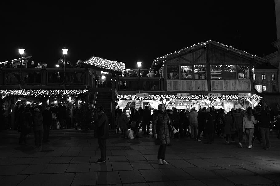 germany, munich, event, night, christmas, people, lights, market HD wallpaper