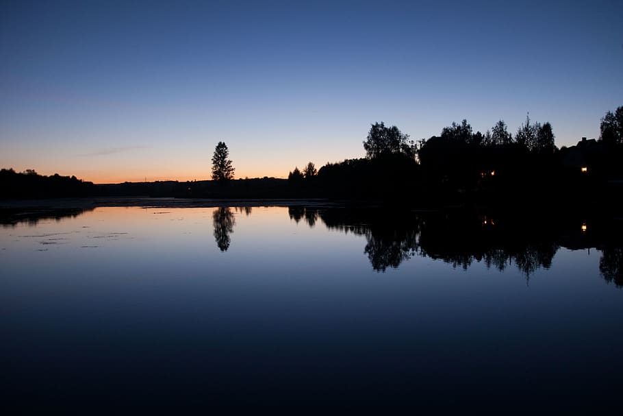 lake, trees, sunset, reflection, sky, water, tranquility, silhouette HD wallpaper
