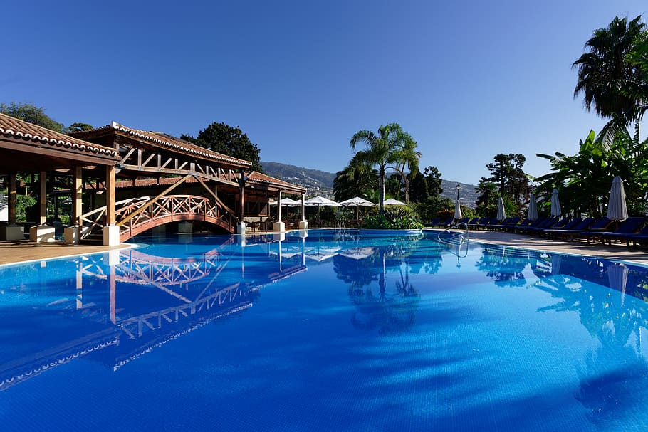 hotel, water, pool, building, resort, portugal, funchal, quinta do lago HD wallpaper