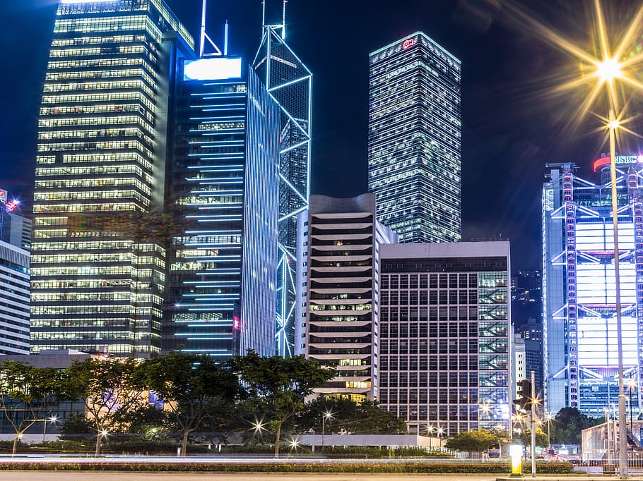 High-rise Buildings, =, architecture, city, city lights, cityscape HD wallpaper