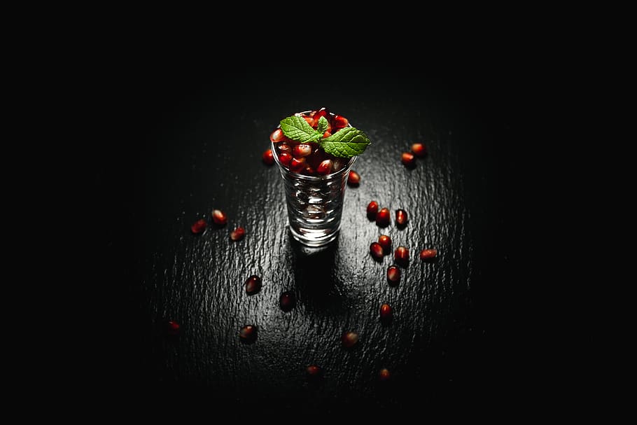 fruit, mint, food, pomegranate, tasty, shot, dessert, black background HD wallpaper