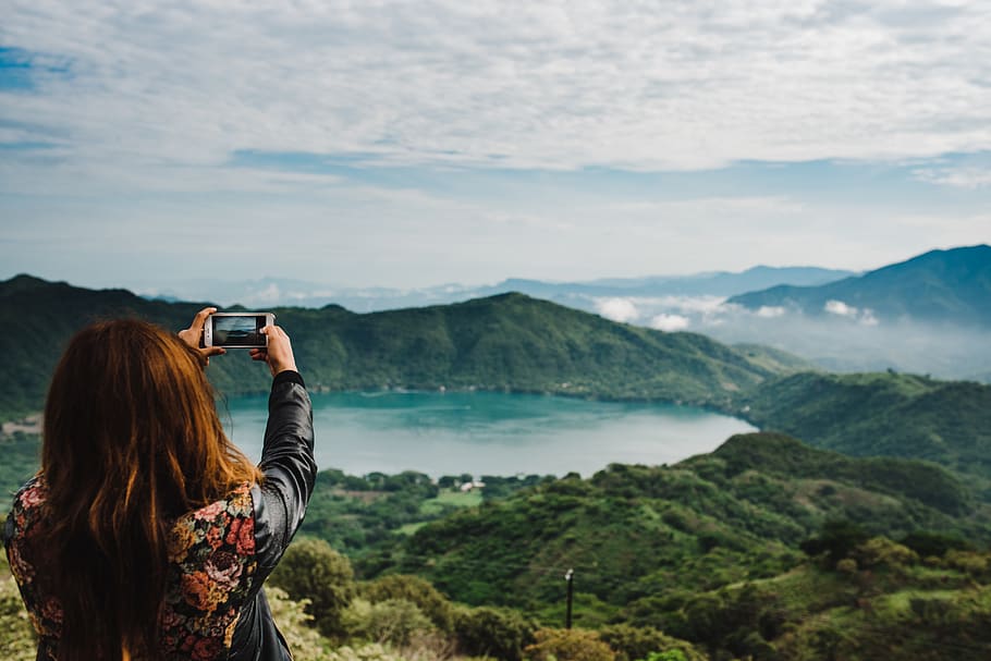 Woman Taking Photo of Green-covered Mountain, beautiful, camera HD wallpaper