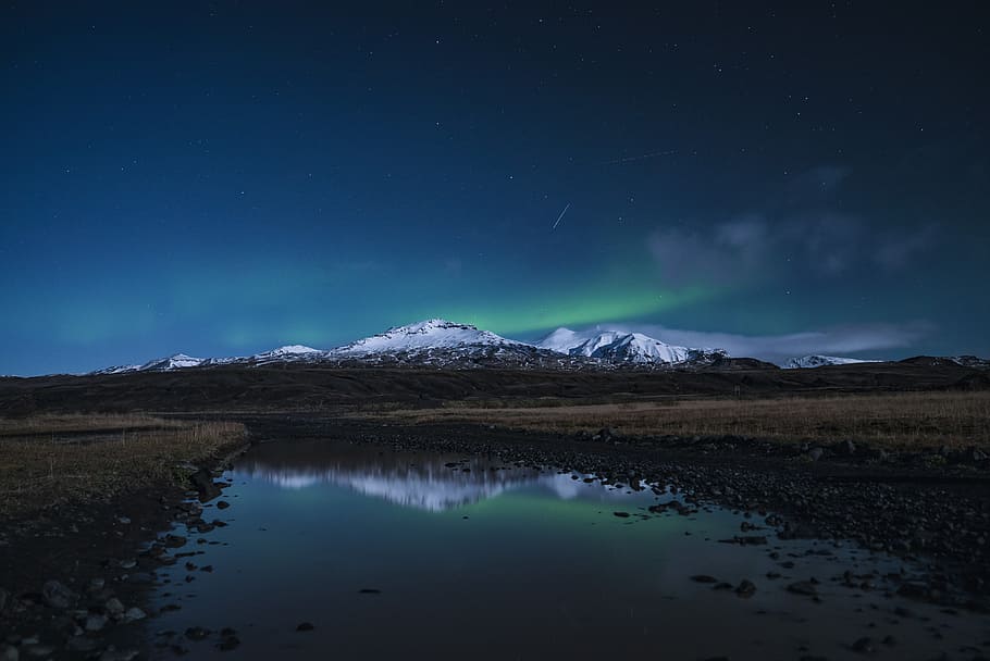 reflection of snow covered mountain on river during night, night sky HD wallpaper