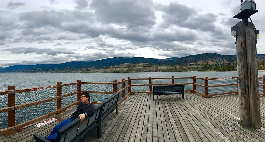 canada, penticton, dock, beach, bench, person, lake, water HD wallpaper