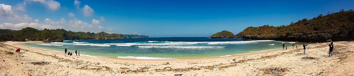 indonesia, pacitan regency, beach, water, land, sea, sky, panoramic HD wallpaper