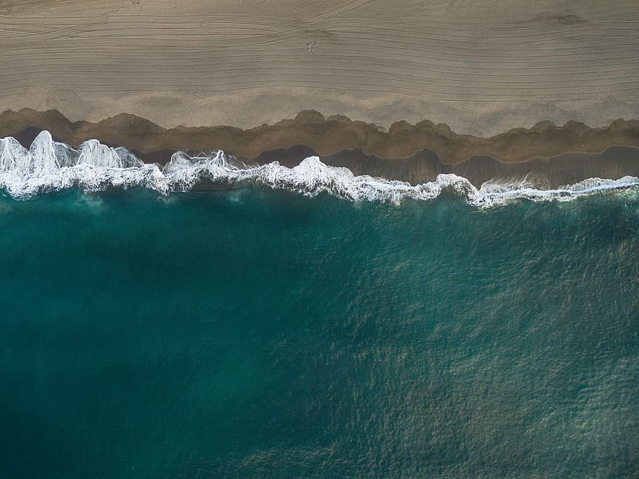 bird's eye view of seashore, beach, ocean, wave, water, topdown HD wallpaper