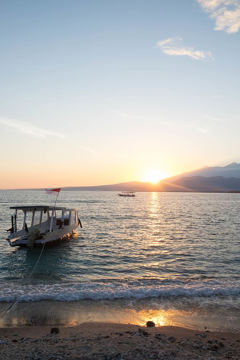 indonesia, gili air, boat, gili gili, sunset, sea, island, water, HD wallpaper