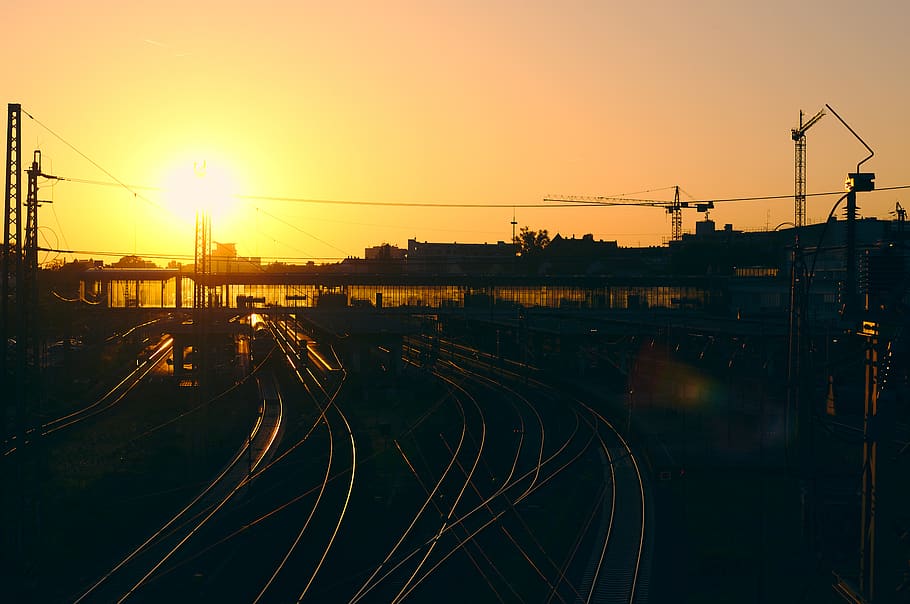 sunset, rail transportation, sky, track, railroad track, train HD wallpaper