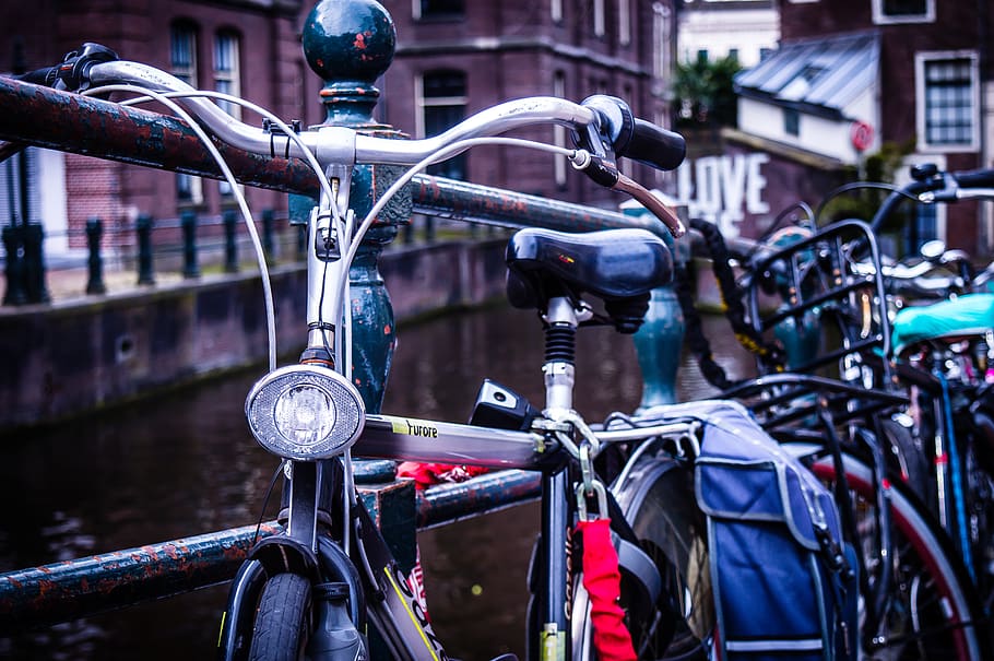 netherlands, amsterdam, river, side, parked, bike, urban, vehicle HD wallpaper